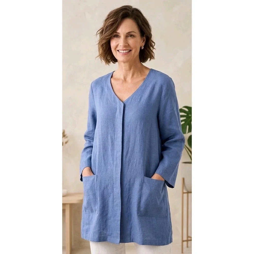 Preston & York Womens Linen Jacket Blue Middie 3/4 Sleeve Pocket Size 8 NWT $119